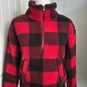 Old Navy Women's Plush Long Sleeve Half-Zip Pullover Red/Burgundy/Black Check XS